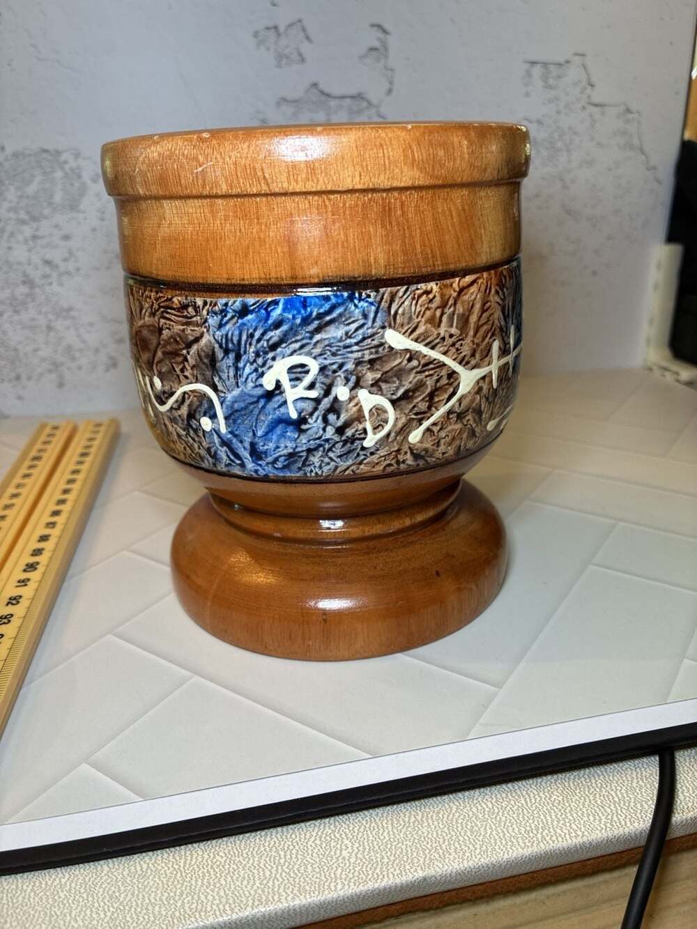Handmade Wooden Carved Pedestal Morter Blue Brown Decorative Design
